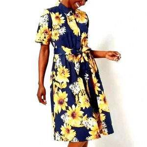 Jason Wu 2XP Blue Sunflower Floral‎ Tie Waist Button Down Collared Midi Dress